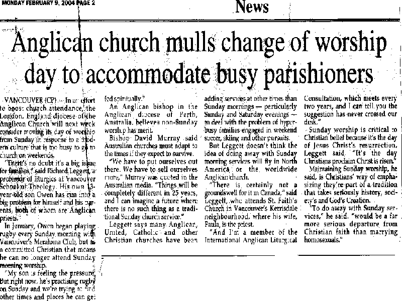 Anglican church mulls change of worship day